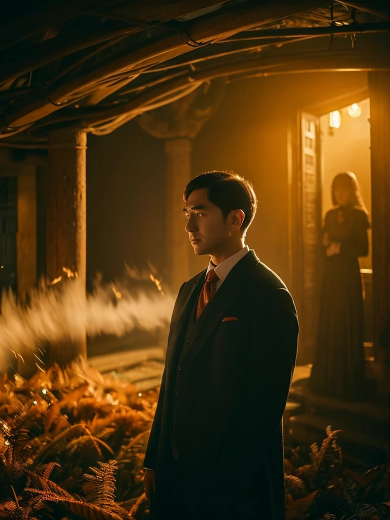 A cute asian girl with short hair wearing an elf dress, a tall man in a suit standing next to her, his face obscured, detailed face, intricate elf dress, atmospheric lighting, cinematic composition, detailed environment, warm colors, dramatic lighting, high quality, photorealistic, masterpiece