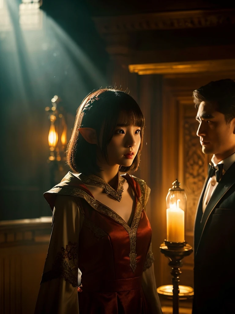 A cute asian girl with short hair wearing an elf dress, a tall man in a suit standing next to her, his face obscured, detailed face, intricate elf dress, atmospheric lighting, cinematic composition, detailed environment, warm colors, dramatic lighting, high quality, photorealistic, masterpiece