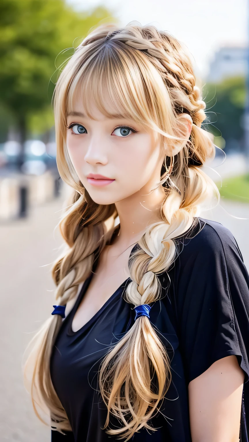 Sexy Big 、Sexy cute looks and cute beautiful girl, beautiful and sexy face、A strong wind blows my hair in front of my face、beautiful long blonde French braided hair、beautiful, Cute and sexy eyes hidden behind long bangs
