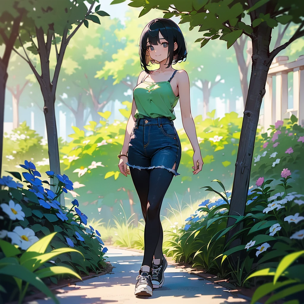 (high quality, High resolution, Very detailed, reality:1.37), Peaceful atmosphere, (Outdoor, garden), age girl standing alone, (my breasts are big.), Beautiful details, Cute Smile, (Black bob hair), camisole, Denim skirt, Black tights, sneakers.