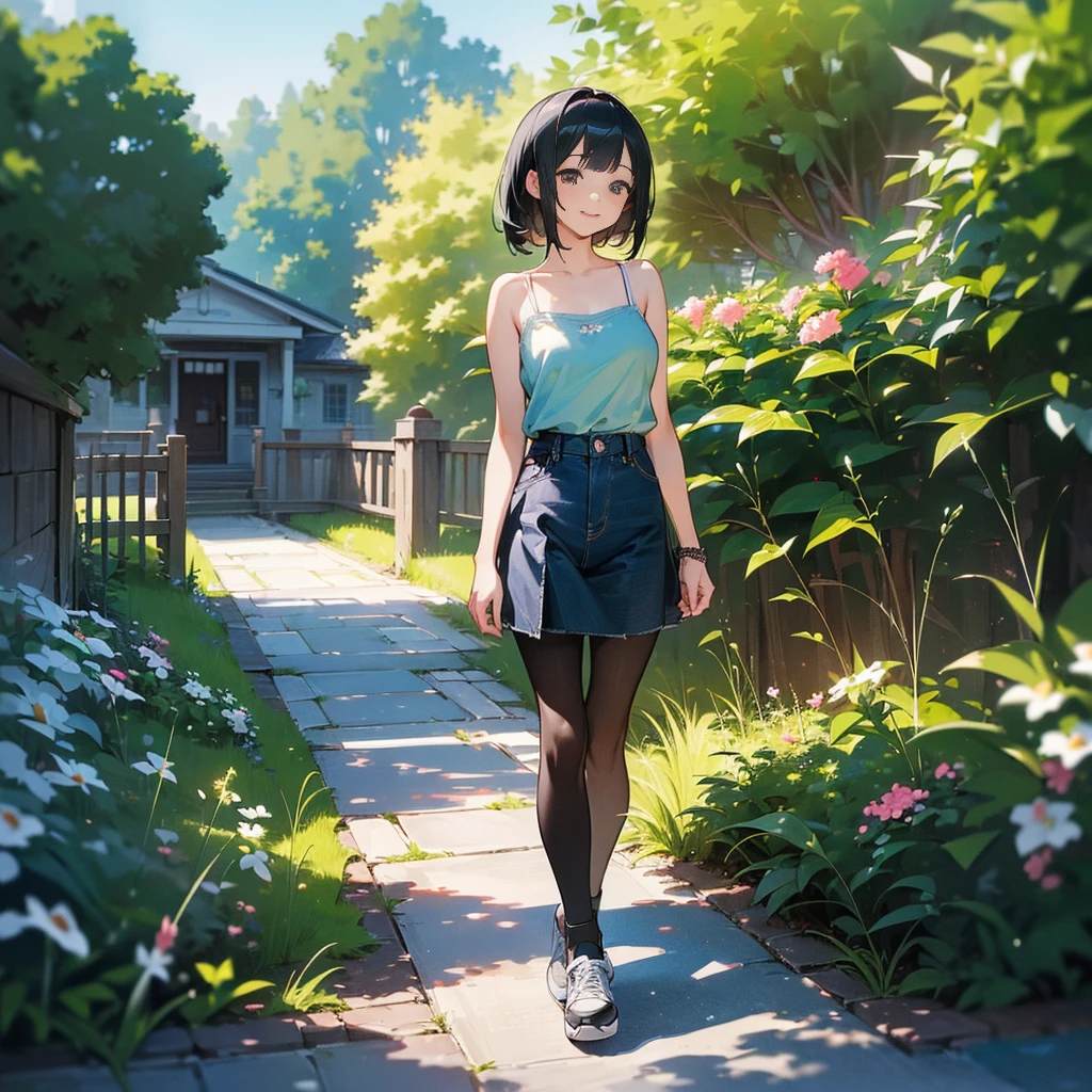 (high quality, High resolution, Very detailed, reality:1.37), Peaceful atmosphere, (Outdoor, garden), Teenage girl standing alone, (my breasts are big.), Beautiful details, Cute Smile, (Black bob hair), camisole, Denim skirt, Black tights, sneakers.