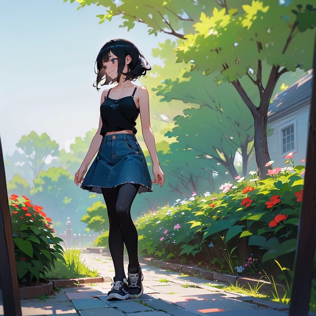 (high quality, High resolution, Very detailed, reality:1.37), Peaceful atmosphere, (Outdoor, garden),  girl standing alone, (my breasts are big.), Beautiful details, Cute Smile, (Black bob hair), camisole, Denim skirt, Black tights, sneakers.