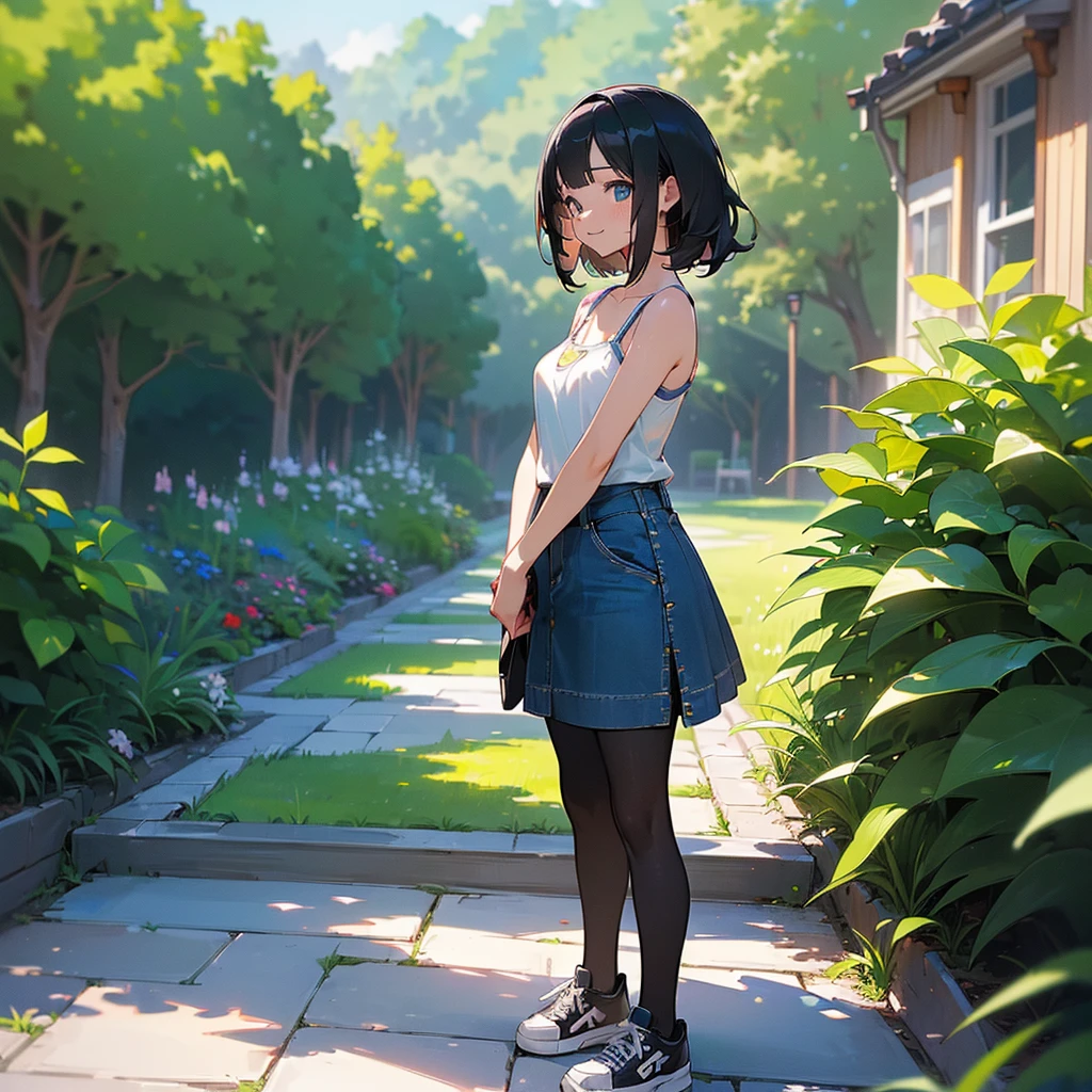 (high quality, High resolution, Very detailed, reality:1.37), Peaceful atmosphere, (Outdoor, garden), age girl standing alone, (my breasts are big.), Beautiful details, Cute Smile, (Black bob hair), camisole, Denim skirt, Black tights, sneakers.