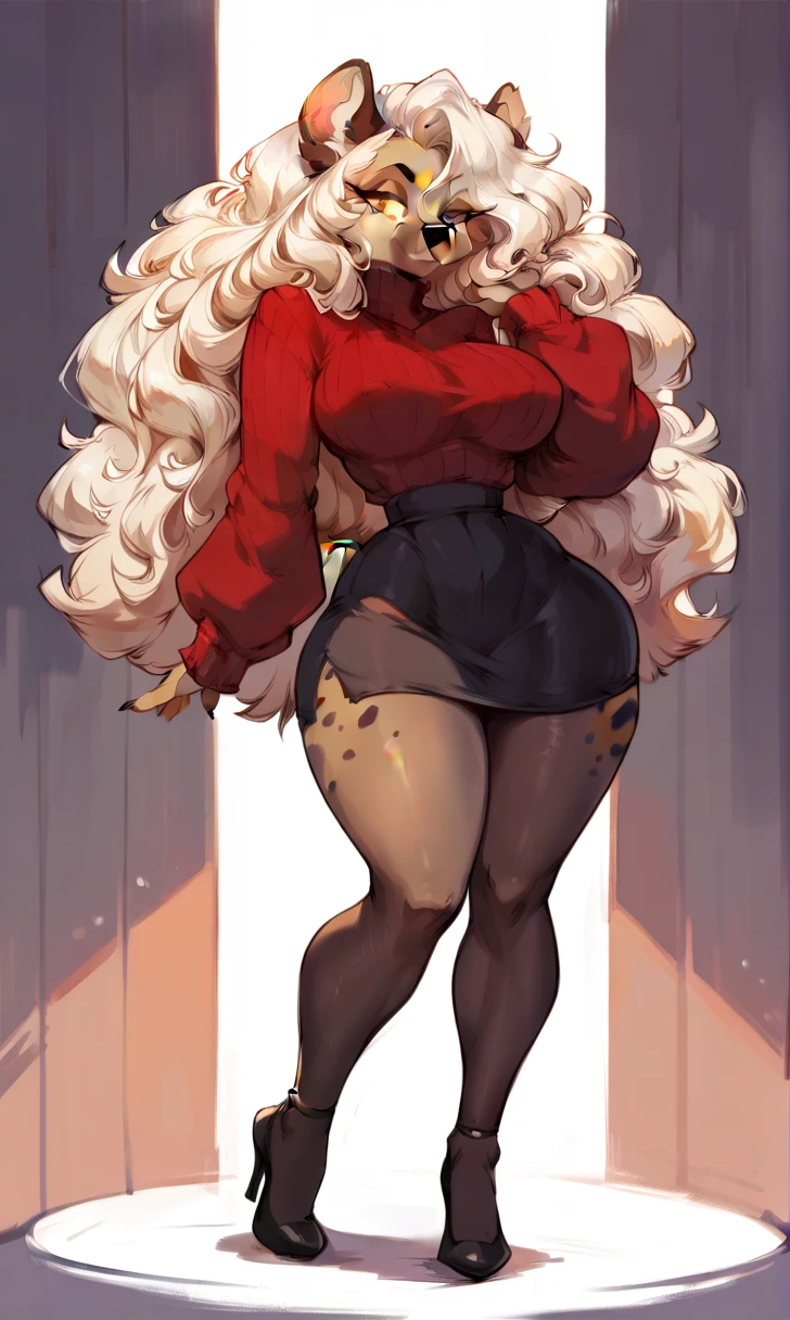 female anthro hyena, black long fluffy hair, fluffy hair, big hips, big thighs, big calves, small waist, tiny waist, big breasts, attractive, turtleneck sweater, turtleneck, thicc body, thicc, freckles, freckles on face, neutral expression, smug eyes, skirt, black skirt, tights, high heels