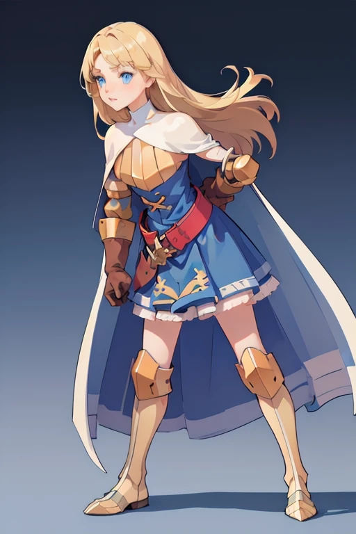 (masterpiece, best quality), 1girl,  KnightFFT, long hair, blonde hair, blue eyes, cape, armor, blue dress, belt, gloves, boots,