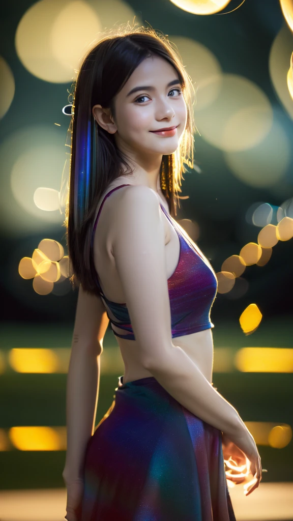 Masterpiece image of a teenage girl with shoulder-length angled bluntends hairstyle, divine proportion, non-douche smile, aurora borealis, night scene, Glowing Whisper, Ethereal dance, Nocturnal Grace, Silent Luminescence, Midnight Flutter, Whispering Silent, Iridescent Encounter, Moonlit Shadow, full body, (((rule of thirds))), high quality, high detail, high resolution, (bokeh:2), backlight, long exposure