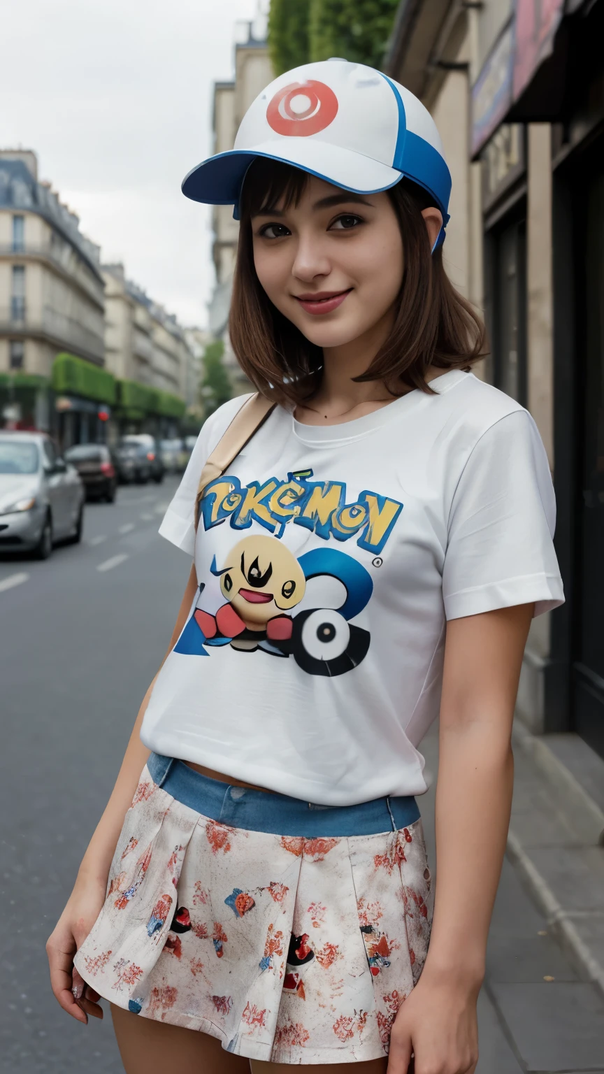 Front view, Full-body, couple is standing pose , on street , in Paris, looking Eiffel Tower, 2024 years ,(1 male and 1 female is exist), (1 male Japanese, 1 boy is 28 age old), ( Pokemon character helmet), ( (T- shirt of print character Pokemon :1.3) ) , (little fat body ),(he is computer nerd) ,(1man and 1 woman is couple, each other love), (cling to Pokemon man), (French White girl, beautiful girl, Parisian girl, 18 years-old: 1.3), (light brown hair , blew eye, Buzz cut hair, big laugh ), (C cup breasts, slender whist, wide hip), (White beautiful blouse :1.3), （Red mini skirt: 1.3), (Blue Dodgers helmet), (hold a  Pokemon character), (super detail, high details, high quality, accurate, anatomically correct, textured skin, beautiful fingers super detail, high details, high quality, best quality),