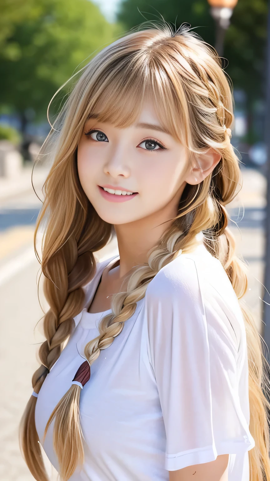 Sexy Big 、Sexy cute looks and cute 15 year old beautiful girl, beautiful and sexy face、A strong wind blows my hair in front of my face、beautiful long blonde French braided hair、beautiful, Cute and sexy eyes hidden behind long bangs、Yawn、Double teeth、