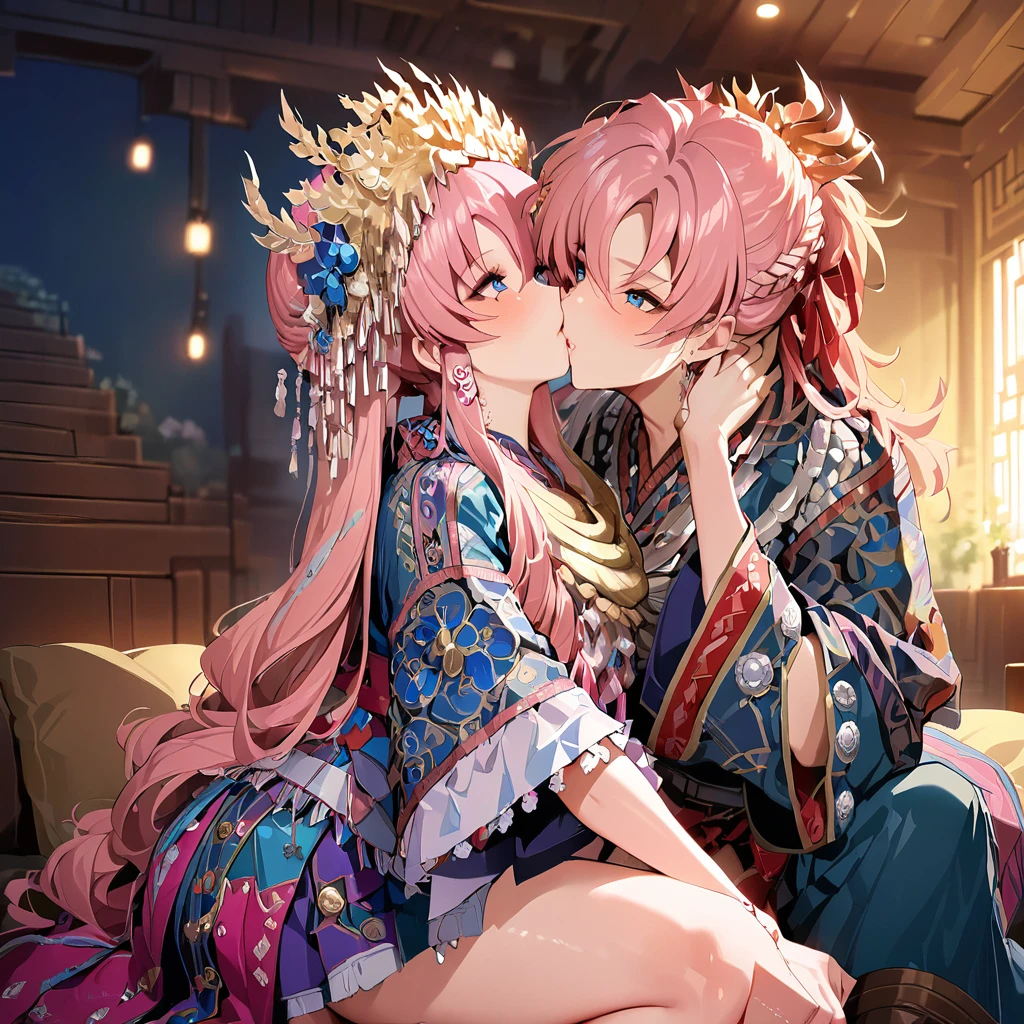 ((Highest quality)), ((masterpiece)), (detailed), （Perfect Face）、The woman is Lacus Clyne, with blue eyes, semi-long pink hair, and is wearing a gorgeous national costume and a gorgeous headdress.、She kisses her husband, a dignified, bearded, middle-aged emperor, has sex with him, and makes love to him.