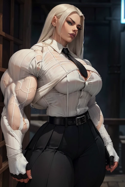 ((Close-up)), tall, (White hair) beautiful muscular woman, long straight hair, light brown skinned, closed smile, (black lipstick), big breast, (massive muscles), (hyper muscle), ((ginormous bulky muscles)), glowing blue eyes, (((white long sleeve pleated shirt))), ((black formal pants with belt)), (fingerless gloves), (necktie), boots, night in Japan alley, 