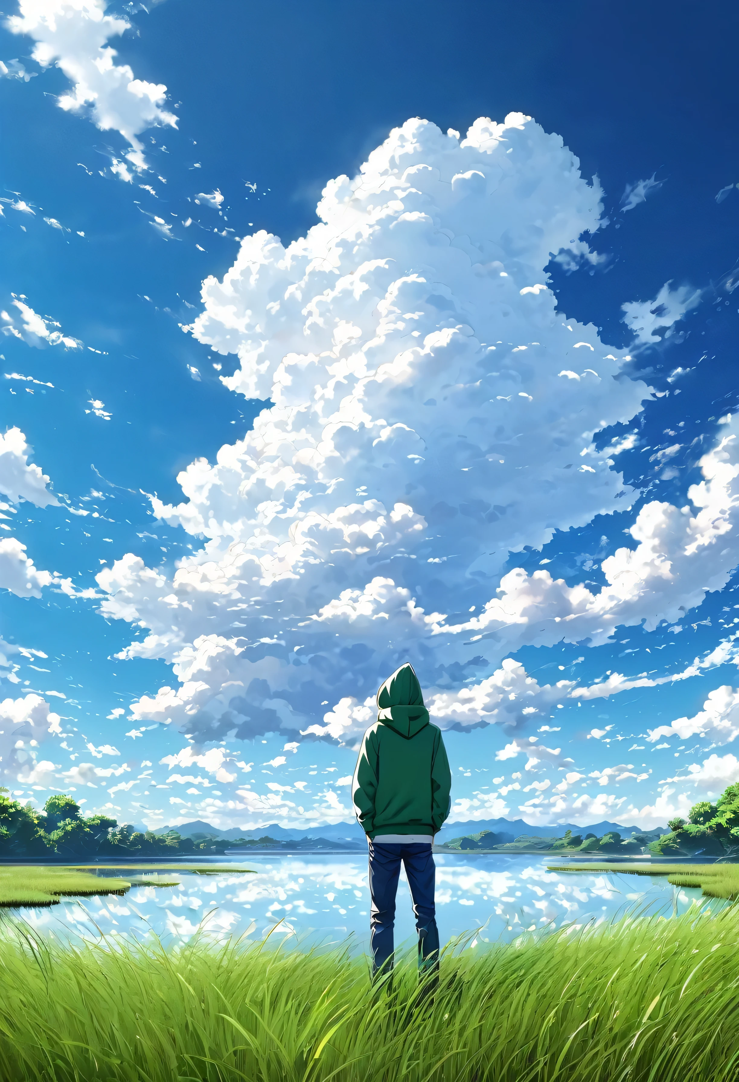 anime, anime landscape, guy looking at clouds, in a grassland, creative, realist, white clouds, blue sky, landscape amazing, guy looking away from camera, wide photo, realistic grass, lake in the middle, sky reflects in the lake, guy wearing hoody