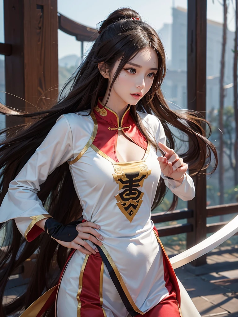 Create an image of a beautiful woman in Chinese martial arts clothing. She has a slender face, sharp eyes, long hair, a responsive face, a high nose, and thin lips. Her skin was bright and white. she has brown hair Her body was slim and muscular like an athlete. With a weapon in hand, looking at the enemy
