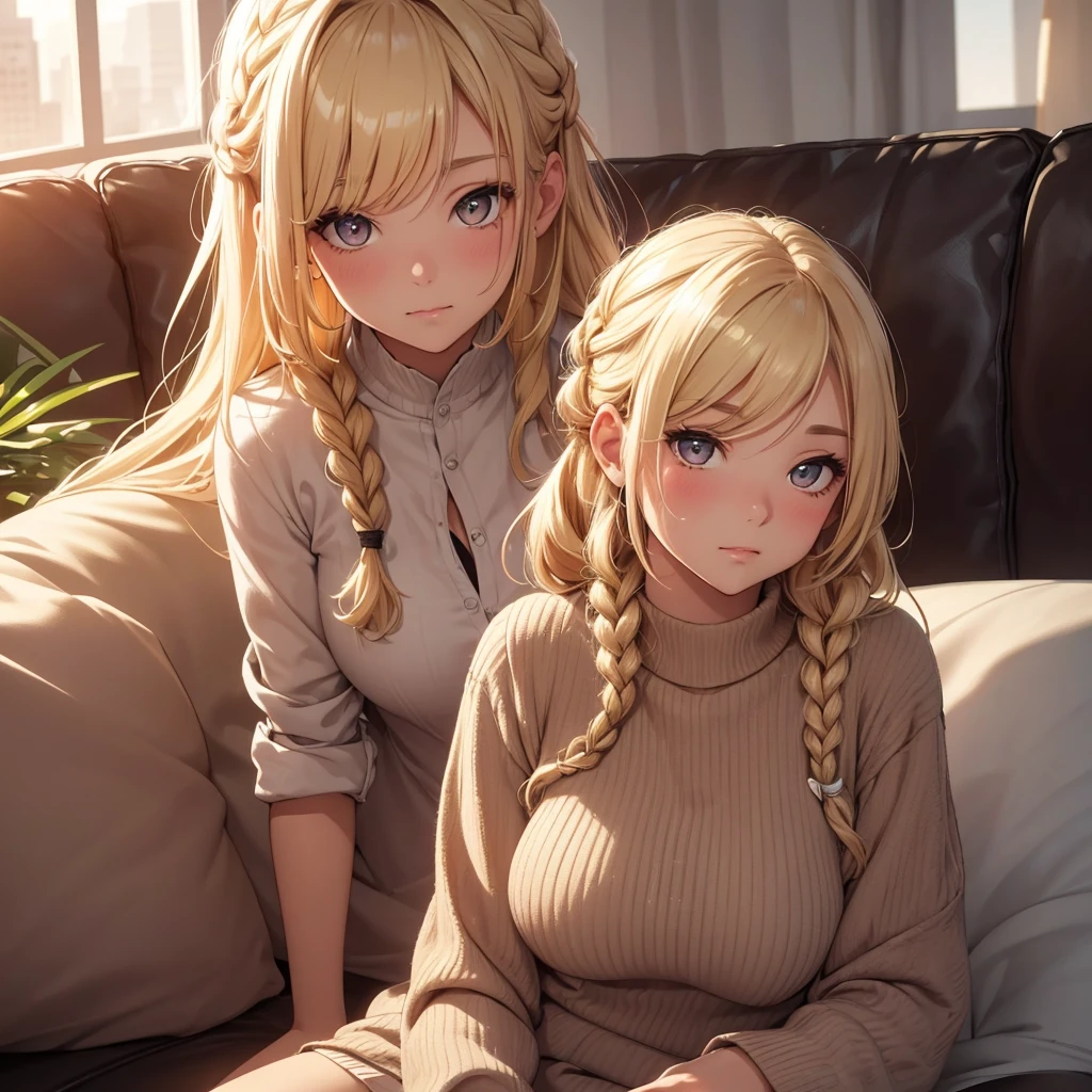 (8K, Best Quality, Masterpiece, Ultra High Resolution) 1 Woman, Cute Eyes, Face Details, Sunkissed Skin, Curvy, Blushing, Blonde Hair, Long Braid, Brown Eyes, Casual Clothing, Sitting on Sofa, Apartment, Best Quality, Upper Body, Looking at the Viewer, Facing Viewer, Close Up