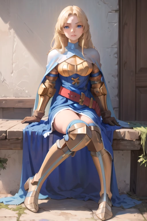 (masterpiece, best quality), 1girl, solo, KnightFFT, long hair, blonde hair, blue eyes, cape, armor, blue dress, belt, gloves, boots,