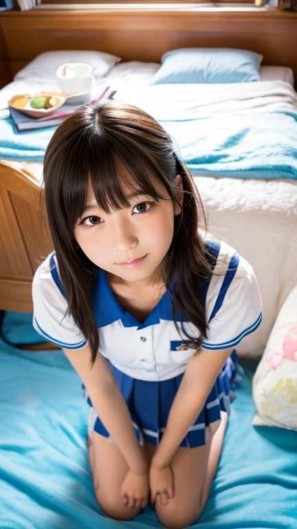 Beautiful and cute Japanese junior high school girls、Standing on my knees on the bed