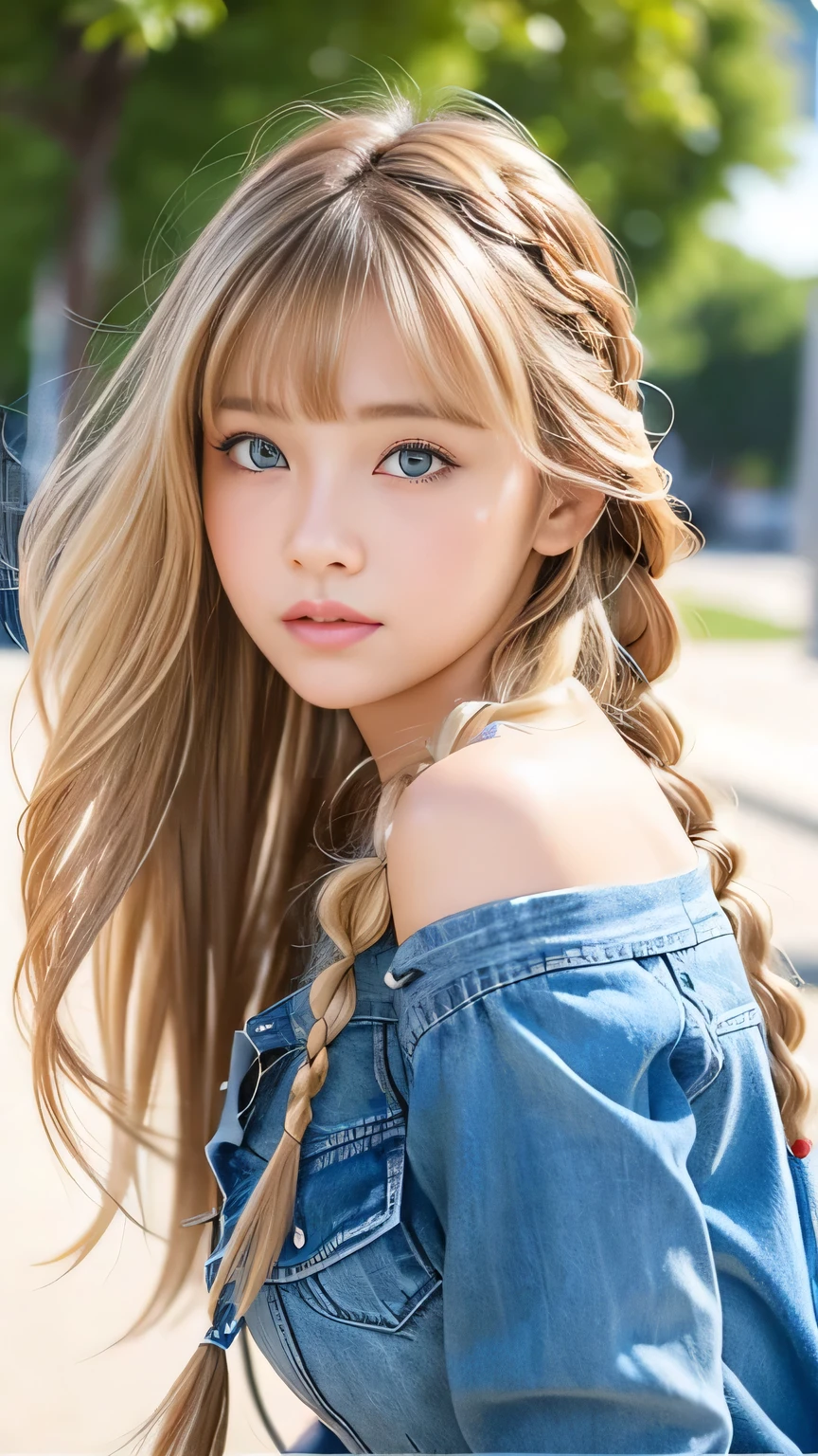 Sexy Big 、Sexy cute looks and cute beautiful girl, beautiful and sexy face、A strong wind blows my hair in front of my face、beautiful long blonde French braided hair、beautiful, Cute and sexy eyes hidden behind long bangs