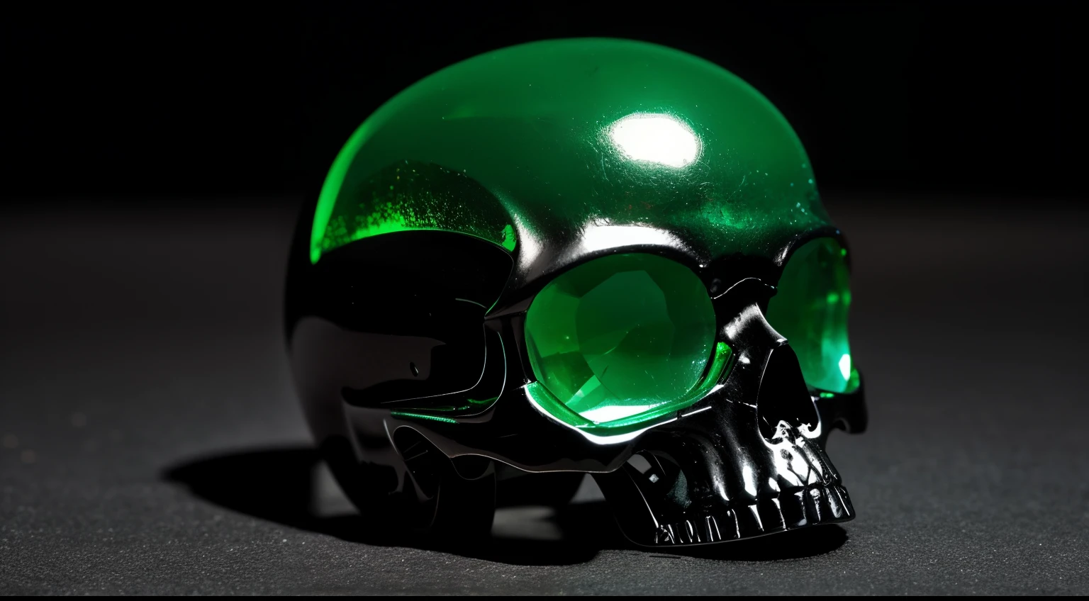 There is a skull that has two emeralds in its eye sockets.