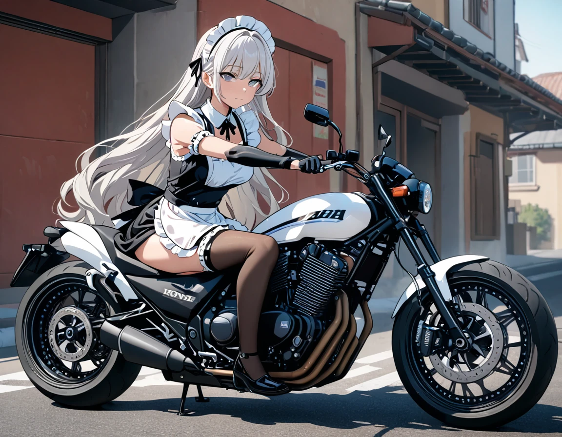 (((Best quality, 8k, Masterpiece: 1.3)), ((best quality)), ((masterpiece)), (detailed), perfect face, A maid girl with long silver hair, Her thick hair flows, A maid costume with frills. , high resolution, Textured skin, anime style, A maid riding a motorcycle, a maid driving a motorcycle, A motorcycle racer leaning her body to take a corner, Knee-high stockings, Honda, CB1300