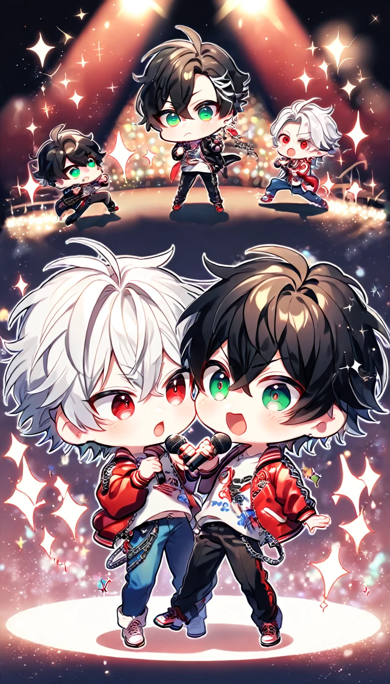 absurdres, highres, ultra detailed, HDR, master piece, best quality, extremely detailed, Aohitsugi Samatoki chibi, chin length white hair, expressive red eyes, long eyelashes, Hypnosis Mic, Yamada Ichiro chibi, chin length black hair, expressive green eyes, black leather jacket, red varsity jacket, black pants, blue pants, red shoes, white boots, two boys together, yaoi, gay couple, cute, fantasy, holding a microphone, singing, stage, sparkling, red glittering lights, magical, red petals, lights