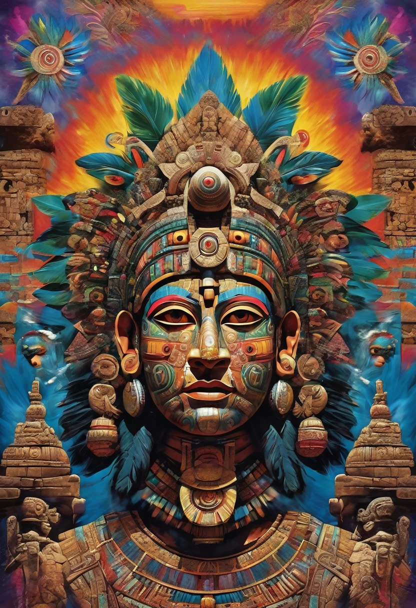 mayan explosive, supernatural painting of a shape-shifting deity, adorned with chaotic and omnipresent Mayan motifs, piercing eyes, a breathtaking amalgam of art and captivating photo collage, Mesmerizing poster design:: woody tone:: full body:: warrior man:: its appearance exuded the enigmatic allure of ancient Mayan minimalism fused with cosmic chaos:: --ar 9:16 --s 963 --c 9 --q 2 --v 5