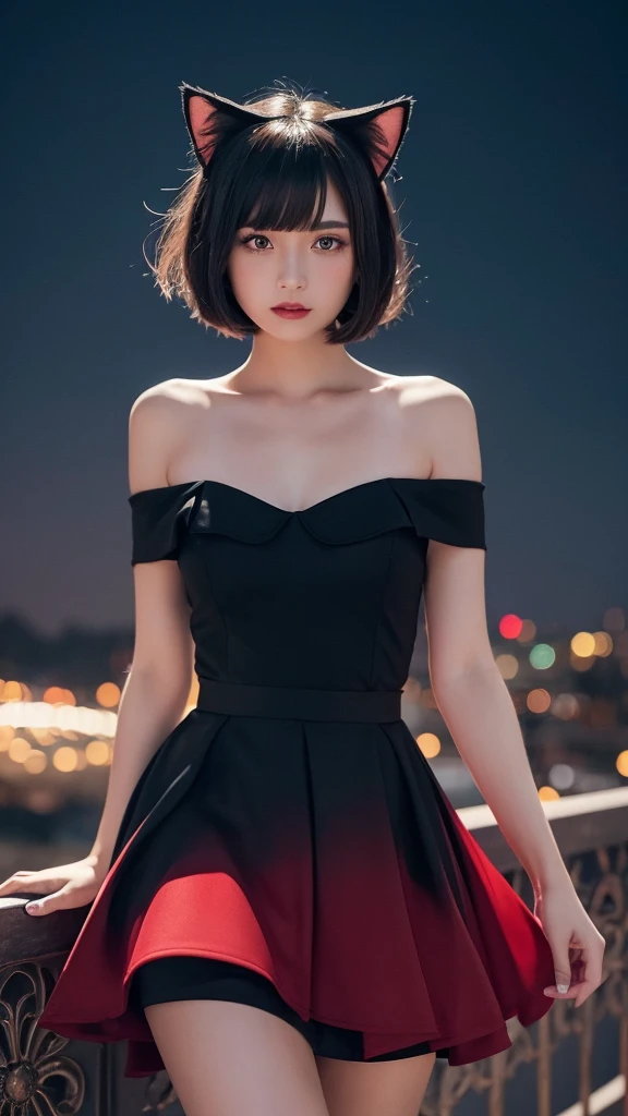Delicate and dainty young woman with shiny bob-cut black hair and cat ears. She is wearing an off-the-shoulder red only  mini-skirt dress. The background is a fantastic and ethereal night sky that seems to be haunted by a specter. Her expression is stern and atmospheric. Angle from directly below, A-cup
