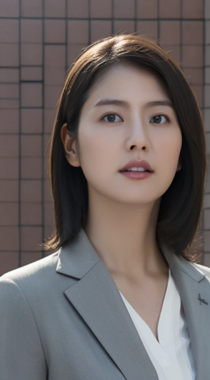(masterpiece, best quality), soothing tones, muted colors, high contrast, natural skin texture, soft light, sharp, looking at viewer,  Nature soft drop breasts, pale skin, transparent and delicate face, bare face, without makeup, nsfw,
cement brick wall background ,old cement wall background, half body photo, dark theme ,(business shirt:1.2), open shirt,