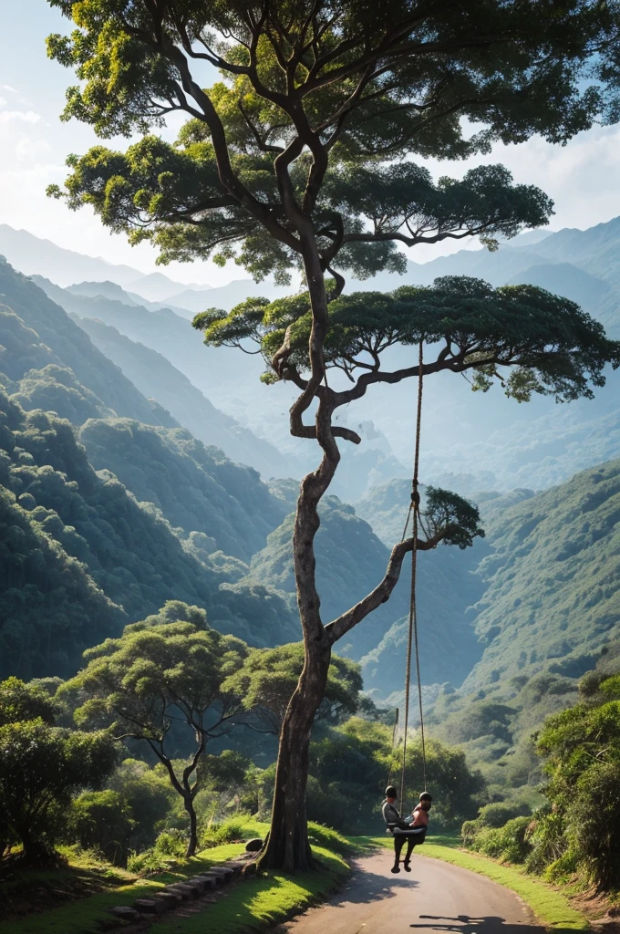 Make a realistic picture of a swing made from an old tire tied with a rope to a large banyan on a hill, di sekitar di tumbuhi tanaman daun dan bunga kecil mekar, the background of the winding road in the mountain valley, the atmosphere after the rain with the light of dusk