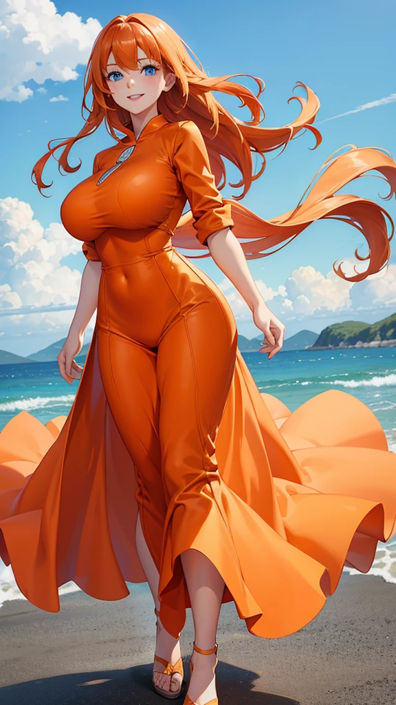 a beautiful young woman with long orange hair, big breasts, wearing a tight long orange shirt and dress, blue eyes, soft white skin, smiling, hair blowing in the wind, standing in a white background, full body covered