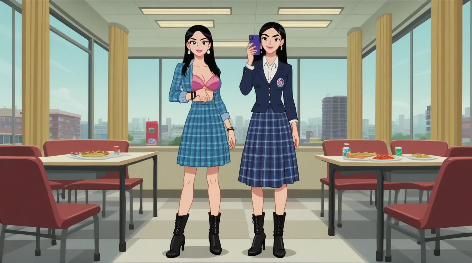 score_8_up, score_7_up, BREAK, screencap, 1girl, solo, Jasmine Nolan, female, black hair, age, long hair, black eyes, white eyelids, black eyebrows, large breast, bra size long sleeves, carolina blue blouse, carolina blue plaid long skirt, white knee-length high boots, full body, pink lipstick, black high heel shoes, black bracelet, black clip-on earrings, indoors, standing up, smartphone, smile, midtown, new york city, digital camera, red chair, windows, curtains, violet purse, high school, school, large cafeteria, vending machine, dispensers, cafeteria table, cafeteria chairs, clock