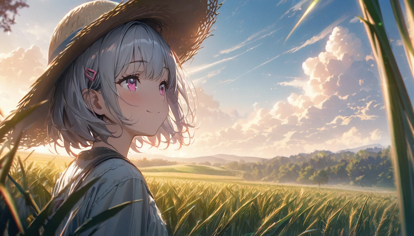 one girl, silver short hair and bob hair、I tied my hair in a bun with a hair clip..、beautiful pink eyes、smile、gentle smile on her face、flat chest, one Beautiful girl,((masterpiece, illustration, best quality) ((ultra-detailed)) Wheat field, a farmer uncle with a straw hat standing in a wheat field, big clouds, blue sky, rice field, neat rice seedlings in the field, forest, hillside, secluded, rural, HD detail, hyper-detail, cinematic, surrealism, soft light, deep field focus bokeh, ray tracing and surrealism. --v6