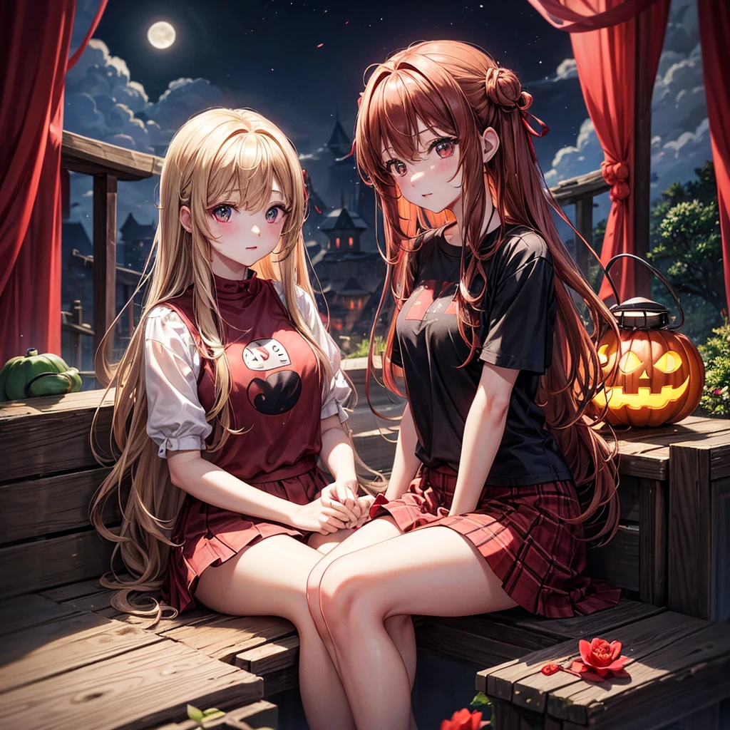 reddish brown blonde、Red eyes、One cute girl、solo、And soul、Light clothing、Checked mini skirt、petal、Wet hair、Sit on、black t-shirts、large tree、cloud、Red full moon、monster castle、Lantern in the shape of a pumpkin、Hell's Gate、barefoot、Stones are piled up、Teeth are visible、Secret Treasure、Wooden chair、Moss grows、Fortress City、water is gushing out、Lightning strikes、Tilting face、Marble floor、Purple lipstick