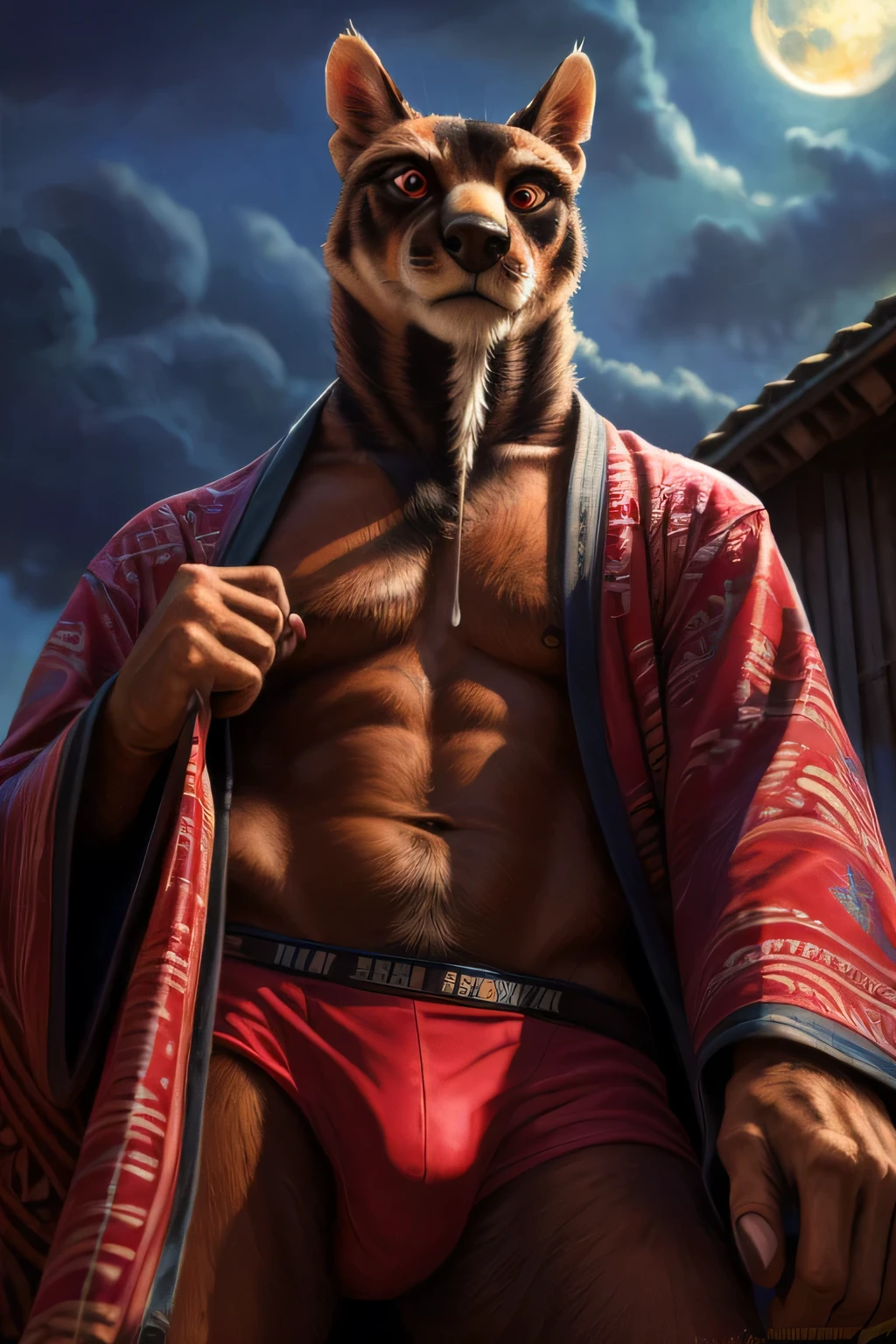 low angle view,
standing, evening, Moonlight, dress, kimono, red kimono, cola de instalment, Red eyes, goatee, brown body, White skin, black fur, sales, safe,
(master sliver:1.2), looking at the viewer, Front view, Alone, top clothing, underwear,
BREAK,
by bruteandbrawn, by personals, by Kenket, (Intricate, High detail, film photography, soft focus, RAW candid cinema,
photorealism, realist, photorealist, analog style, subsurface dispersion,
masterpiece, Best Quality, ultra realist, 8k)