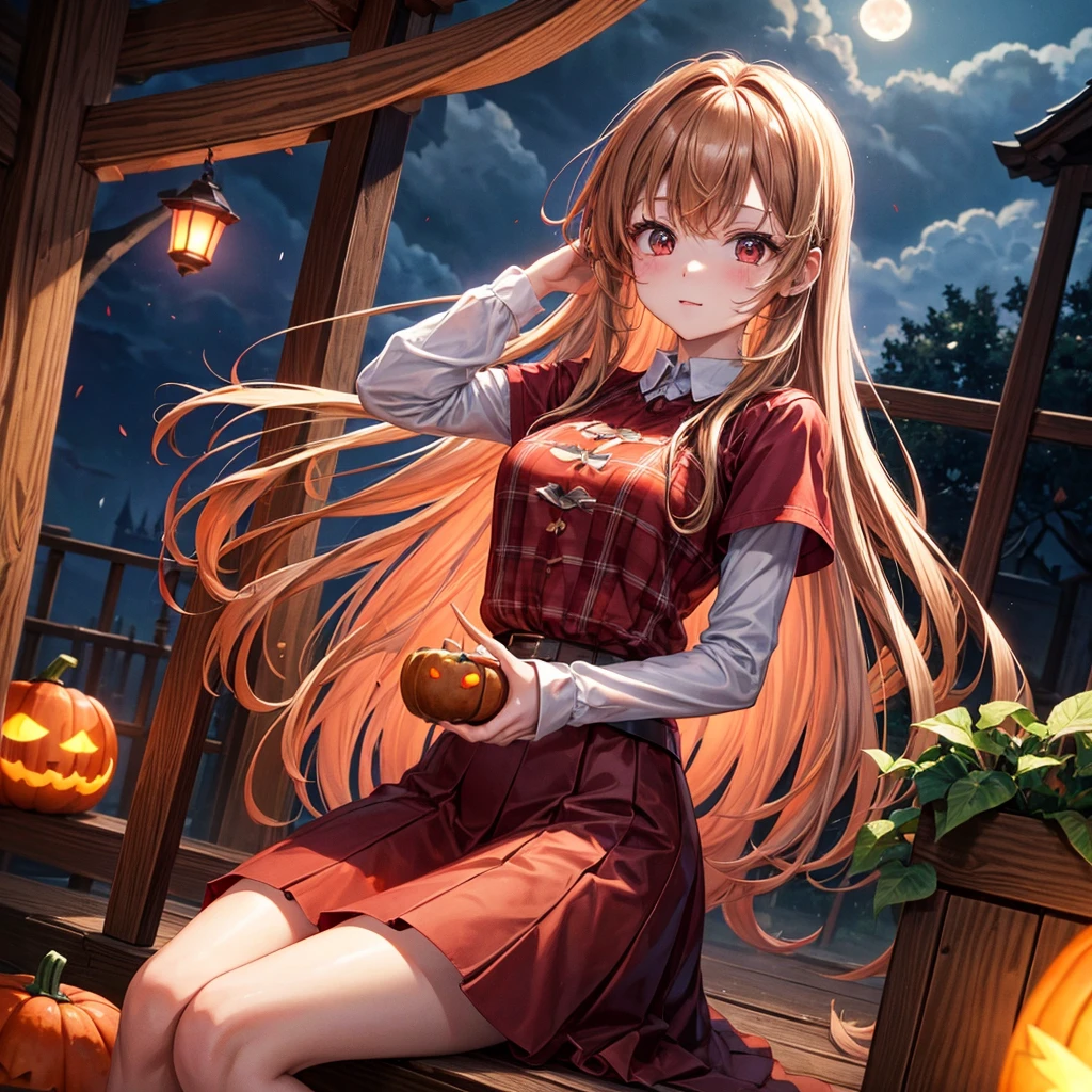reddish brown blonde、Red eyes、One cute girl、solo、And soul、Light clothing、Checked mini skirt、petal、Wet hair、Sit on、black t-shirts、large tree、cloud、Red full moon、monster castle、Lantern in the shape of a pumpkin、Hell&#39;s Gate、barefoot、Stones are piled up、Teeth are visible、Secret Treasure、Wooden chair、Moss grows、Fortress City、water is gushing out、Lightning strikes、Tilting face、Marble floor、Purple lipstick