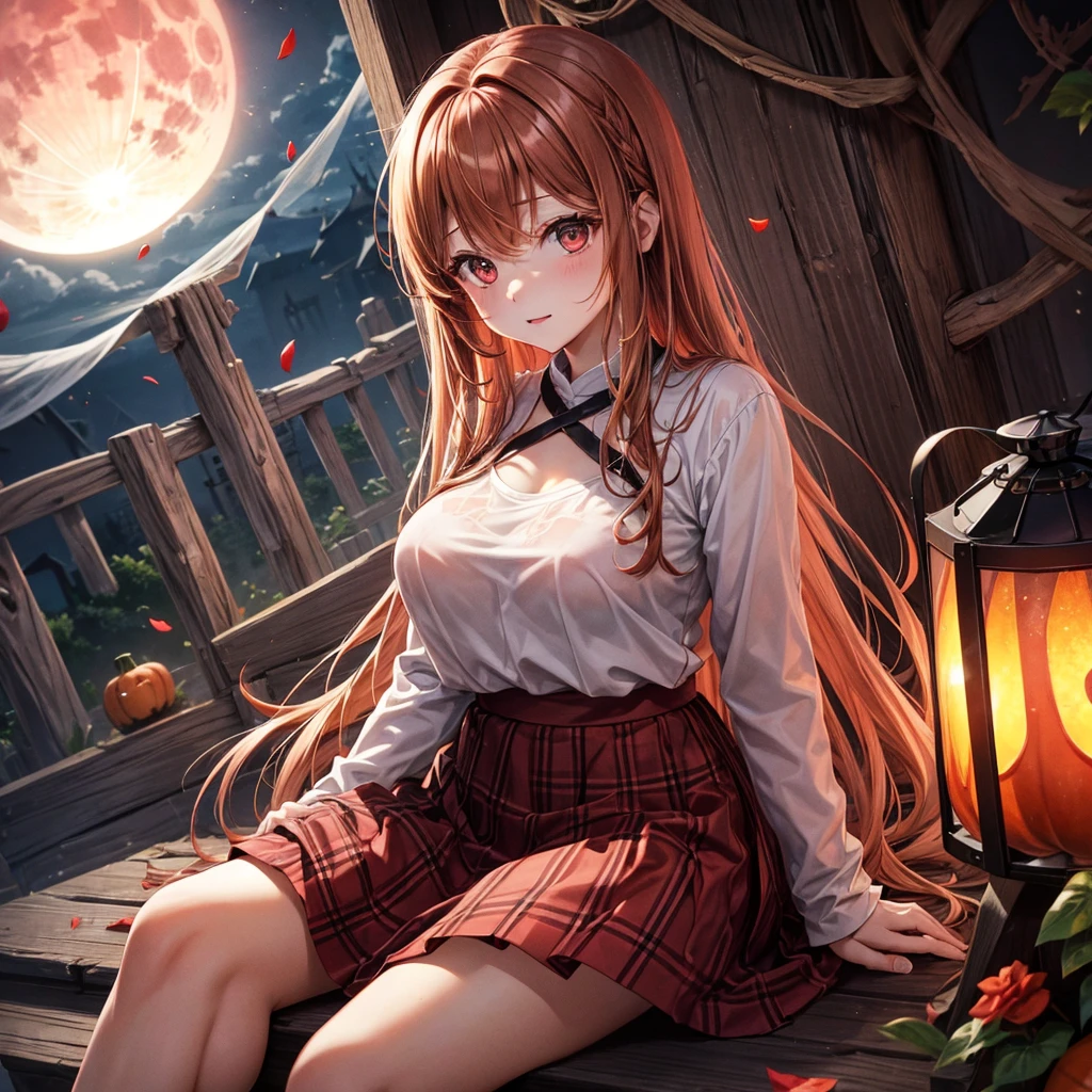 reddish brown blonde、Red eyes、One cute girl、solo、And soul、Light clothing、Checked mini skirt、petal、Wet hair、Sit on、black t-shirts、large tree、cloud、Red full moon、monster castle、Lantern in the shape of a pumpkin、Hell&#39;s Gate、barefoot、Stones are piled up、Teeth are visible、Secret Treasure、Wooden chair、Moss grows、Fortress City、water is gushing out、Lightning strikes、Tilting face、Marble floor、Purple lipstick