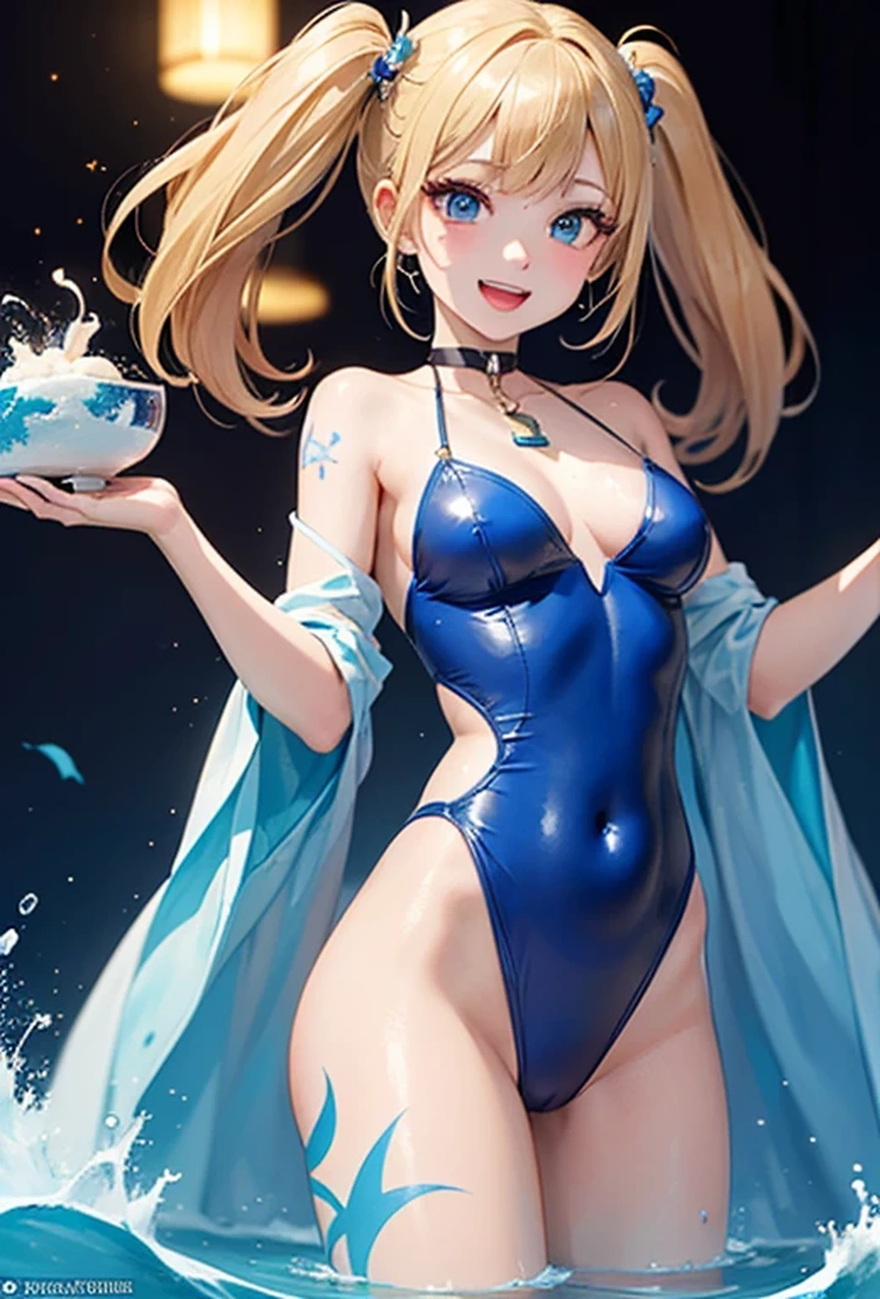 (Super detailed、Ultra-high resolution、8K masterpiece、Vibrant colors)、((Flat Color))、((Floating water))、Stadium、Cheerleaders cheering、(Gold chain accessories on the body)、Random Sexy Poses、Sweaty、 ((body paint、Pop tattoo on thigh))、Big Breasts、(Cheerleading Costumes、、choker)、Beautiful hip line、Butt、nude、 (Twin tails、Vermilion, blue, silver, golden hair、hair ornaments)、Beautiful blue eyes、Beautiful red lip、(Open your mouth and cheer、smile)、 TWICE's Tzuyu' on pause