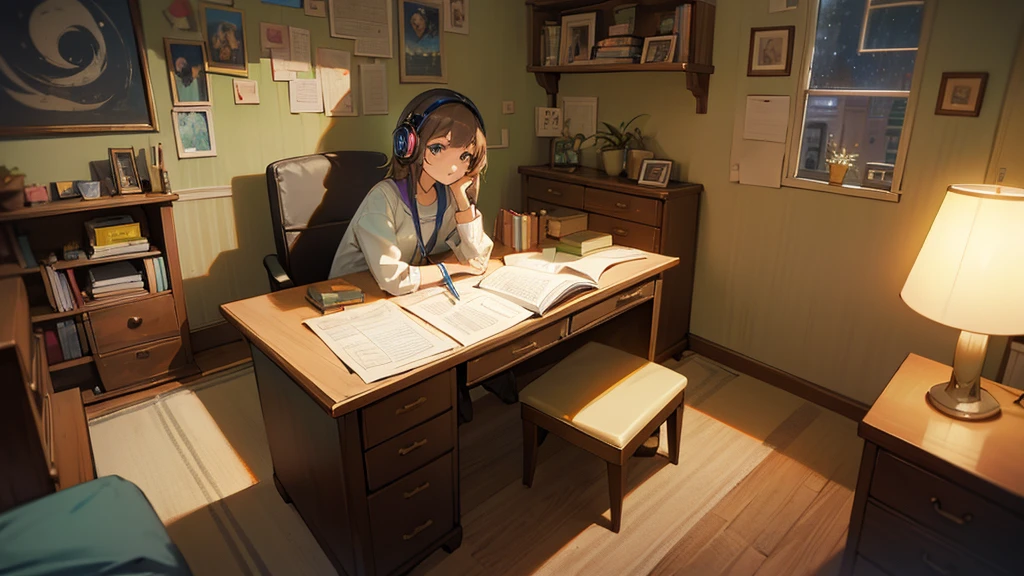 A teenage girl sits at her study desk in a modern, stylish room. She wears colorful headphones and listens to music while studying. Books and papers are spread out around her. The room is softly lit by a desk lamp, and there’s a window showing a starry night sky. The girl has a determined look, her pencil poised over a notebook. Her room is decorated with posters of her favorite bands and a small potted plant on the windowsill.