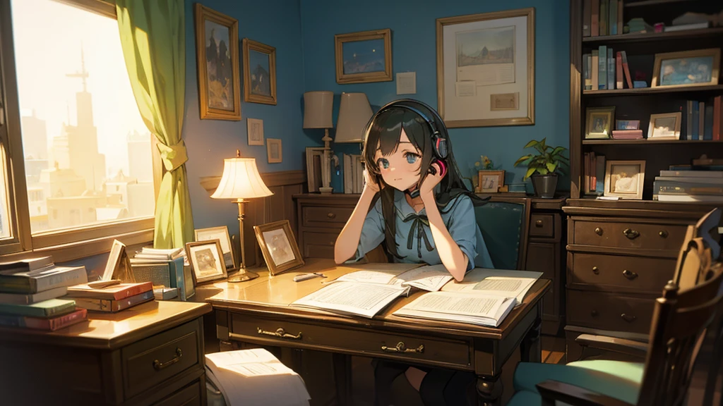 A  girl sits at her study desk in a modern, stylish room. She wears colorful headphones and listens to music while studying. Books and papers are spread out around her. The room is softly lit by a desk lamp, and there’s a window showing a starry night sky. The girl has a determined look, her pencil poised over a notebook. Her room is decorated with posters of her favorite bands and a small potted plant on the windowsill.