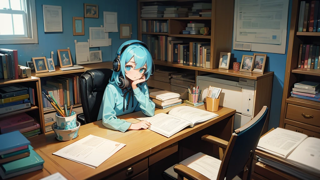 A teenage girl sits at her study desk in a modern, stylish room. She wears colorful headphones and listens to music while studying. Books and papers are spread out around her. The room is softly lit by a desk lamp, and there’s a window showing a starry night sky. The girl has a determined look, her pencil poised over a notebook. Her room is decorated with posters of her favorite bands and a small potted plant on the windowsill.