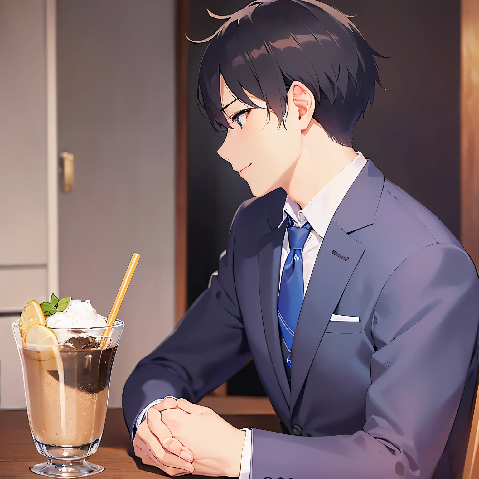 masterpiece、Highest quality、profile、Side shot
(25-year-old male:1.5) and(Black short hair) and (blue eyes),
(suit:1.5) and (Blue tie)(suit:1.5) and (Blue tie)、
smile,The background is a tavern at night、Sitting、(alone:1.5)