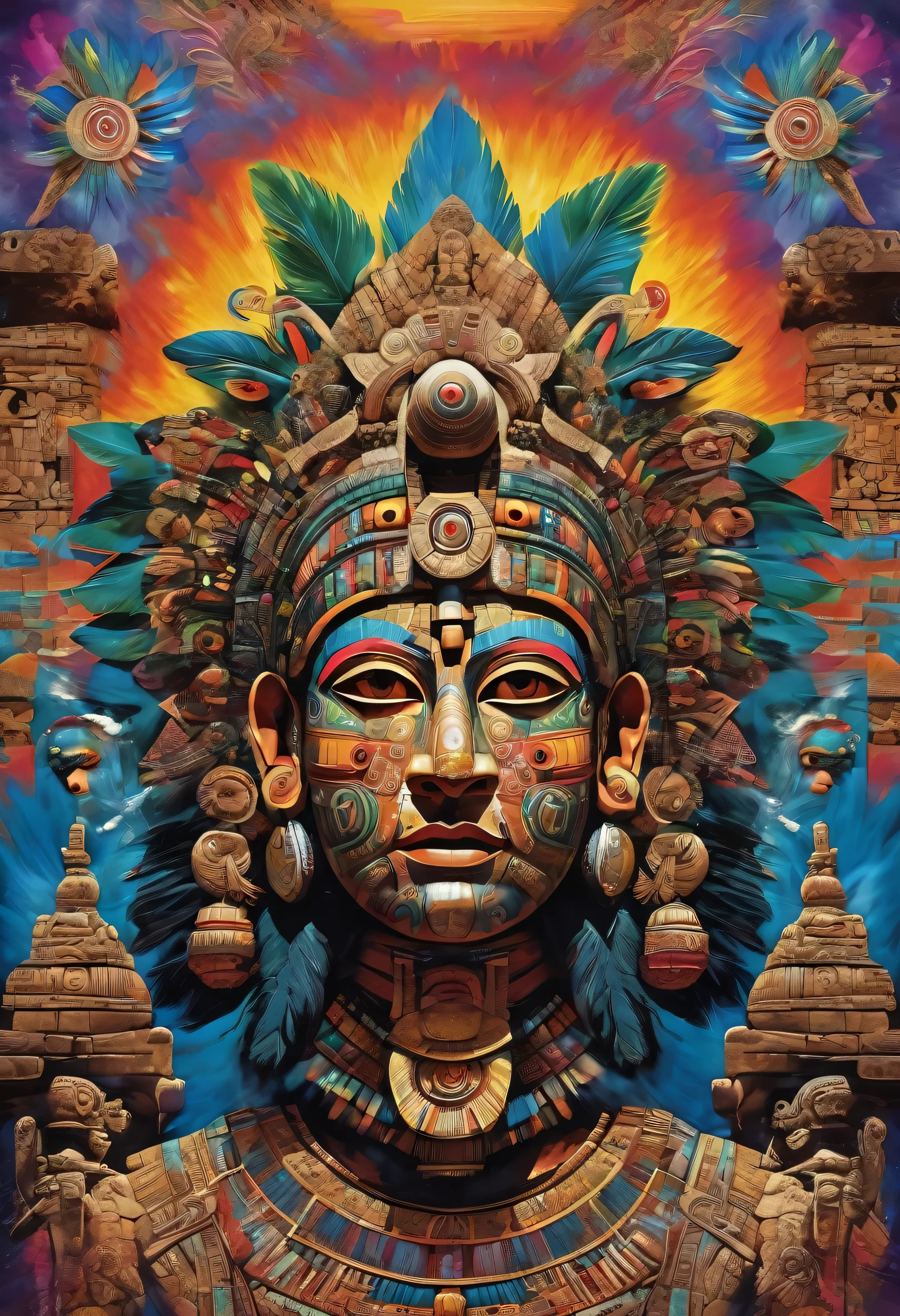 mayan explosive, supernatural painting of a shape-shifting deity, adorned with chaotic and omnipresent Mayan motifs, piercing eyes, a breathtaking amalgam of art and captivating photo collage, Mesmerizing poster design:: woody tone:: full body:: warrior man:: its appearance exuded the enigmatic allure of ancient Mayan minimalism fused with cosmic chaos:: --ar 9:16 --s 963 --c 9 --q 2 --v 5