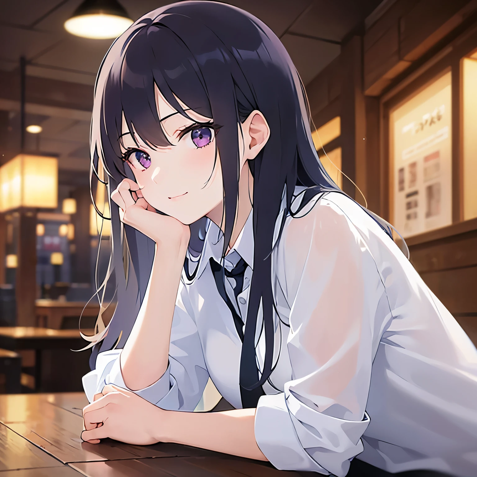 (looking away:1.5),Side shot,head rest, Realistic, real person, (pale skin: 1.2), RAW photo, photorealistic, shiny skin, shiny hair、 (A 25-year-old woman with straight hair and bangs) and (medium hair) and (black hair) and (purple eyes) , (Wearing a business suit) and (Wearing a white collared shirt)、 smile,Sitting、The background is the interior of an izakaya at night.,