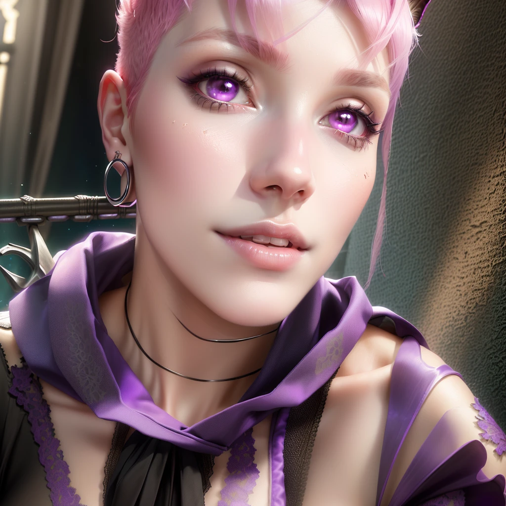 butler outfit, short pink hair, hypdertailed, purples eyes, ashen skin, demon, claws, short goat horns, bangss, gothic art, full body shot shot, elegant pose, ssmile, Romanticism, work of art, anatomically correcte, high qualiy, super detaill, best qualityer, 4K, 8k, Perfect Woman, the most beautiful woman, her face has to be symmetrical and beautiful, baby pink hair