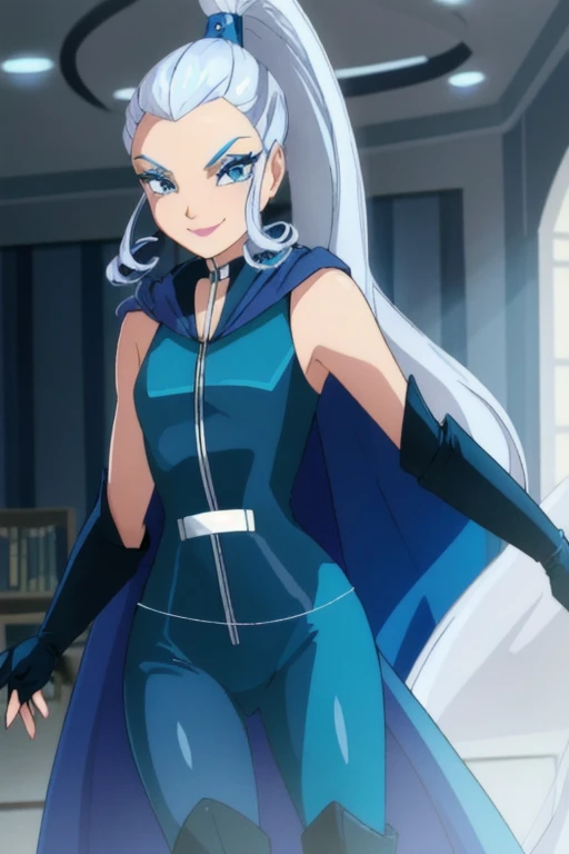 
 blue eyes, white hair, ponytail, very long hair, eyeshadow, WitchOutfit, sleeveless, dark-blue bodysuit, kneeboots, gloves, blue cape, icywinx, smile, room