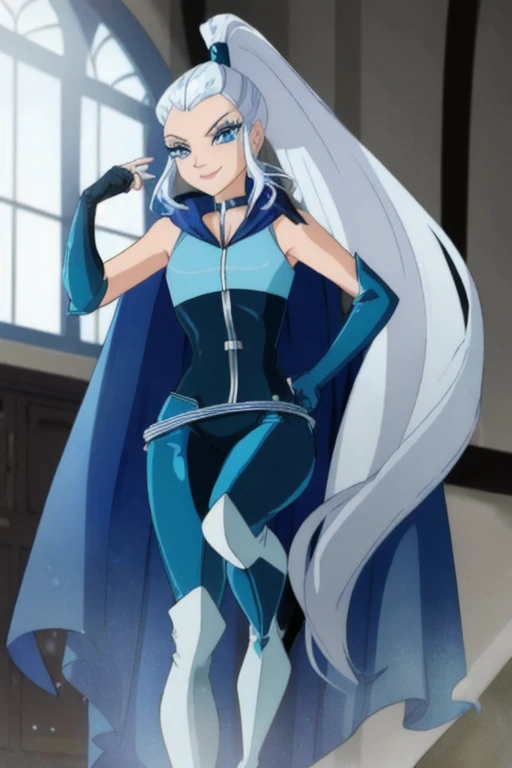 
 blue eyes, white hair, ponytail, very long hair, eyeshadow, WitchOutfit, sleeveless, dark-blue bodysuit, kneeboots, gloves, blue cape, icywinx, smile, room