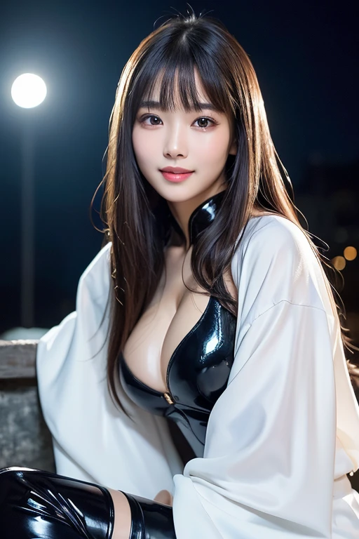 Latex bodysuit、Knee-high boots、Huge 、Long brown hair、Shiny, Oily skin、Glowing Skin、Indoor competition pool、White skin、 Beautiful woman in kimono，Body Portrait、8k，Beautiful and beautiful eyes，Dindal effect、masterpiece, 最high quality, high quality, High resolution、Very detailed photos、(Natural skin texture、Fine skin、Hyperrealism、Ultra Sharpness)、Skin with attention to detail、(Very detailed、Fine skin texture、Intricate details、Beautiful Face、(Lively Faces)、Realistic eyes、Beautiful and detailed、Realistic Skin、Beautiful Skin、Surreal、Very detailed、Golden Ratio、With a smile、((Night moonlight background))、Body Portrait、G Cup、Big Breasts,glamorous,Shinyボディスーツ