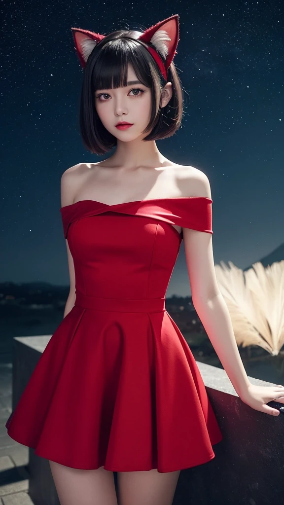 Delicate and dainty young woman with shiny bob-cut black hair and cat ears. She is wearing an off-the-shoulder bright red mini-skirt dress. The background is a fantastic and ethereal night sky that seems to be haunted by a specter. Her expression is stern and atmospheric. Angle from directly below.
