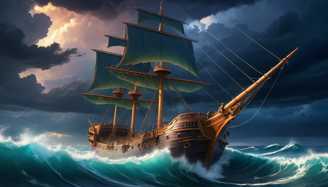 (anime, fantasy, grand wood ship), (best quality, highres, HDR:1.2), ship on the horizon, vibrant colors, ominous atmosphere, storm in the ocean, huge waves, dangerous, dark ocean, dark cloud, ethereal light, dramatic lighting, highly detailed, general shot