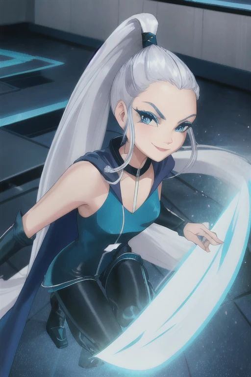 
 blue eyes, white hair, ponytail, very long hair, eyeshadow, WitchOutfit, sleeveless, dark-blue bodysuit, kneeboots, gloves, blue cape, icywinx, smile, room