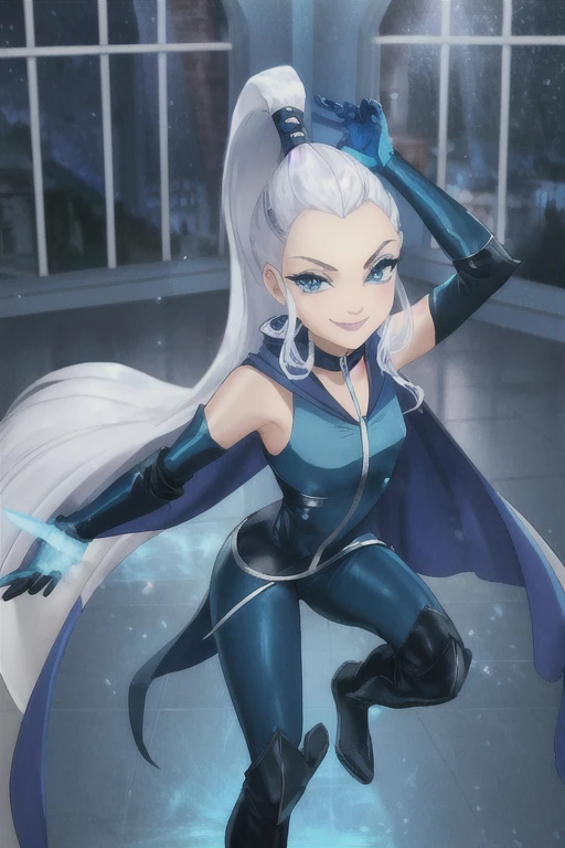 
 blue eyes, white hair, ponytail, very long hair, eyeshadow, WitchOutfit, sleeveless, dark-blue bodysuit, kneeboots, gloves, blue cape, icywinx, smile, room