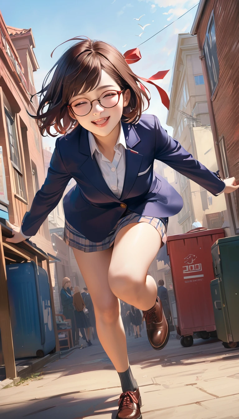 A high school girl with black short bob hair, Glasses,Red ribbon,wearing a navy blazer ,Happy smile,Moving,Happy atmosphere,realistic